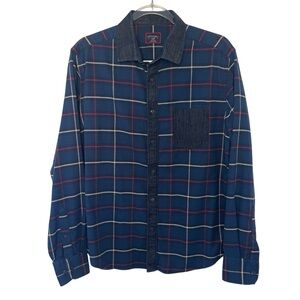 Untuckit Long Sleeve Blue Red  Flannel Shirt Denim Collar Trim Slim Fit Large